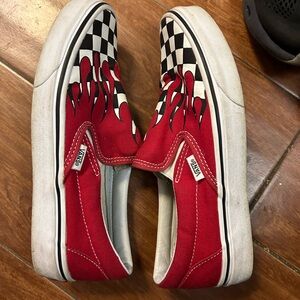 🔥 Vans custom Slip-On Checkerboard Flame Red & White‎ Shoes
